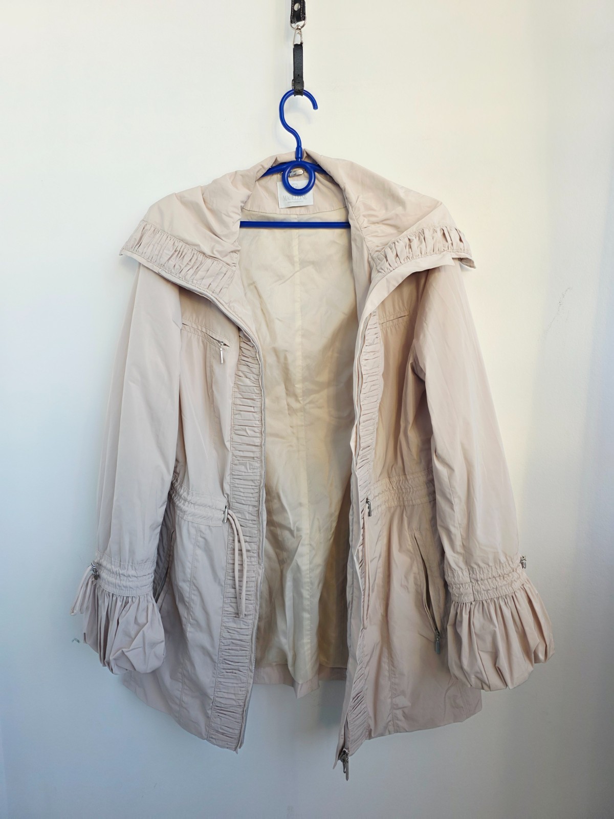 Vintage 2000s MADELEINE Beige Lightweight Jacket, Ruched Collar Coat, Utility Zi