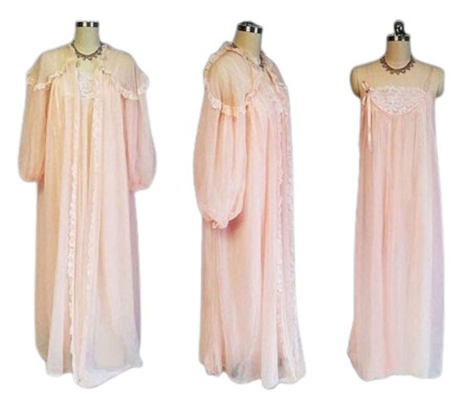 EXQUISITE VINTAGE FLUFFY INTIME RUFFLY LACE DOUBLE NYLON PEIGNOIR NIGHTGOWN MED.