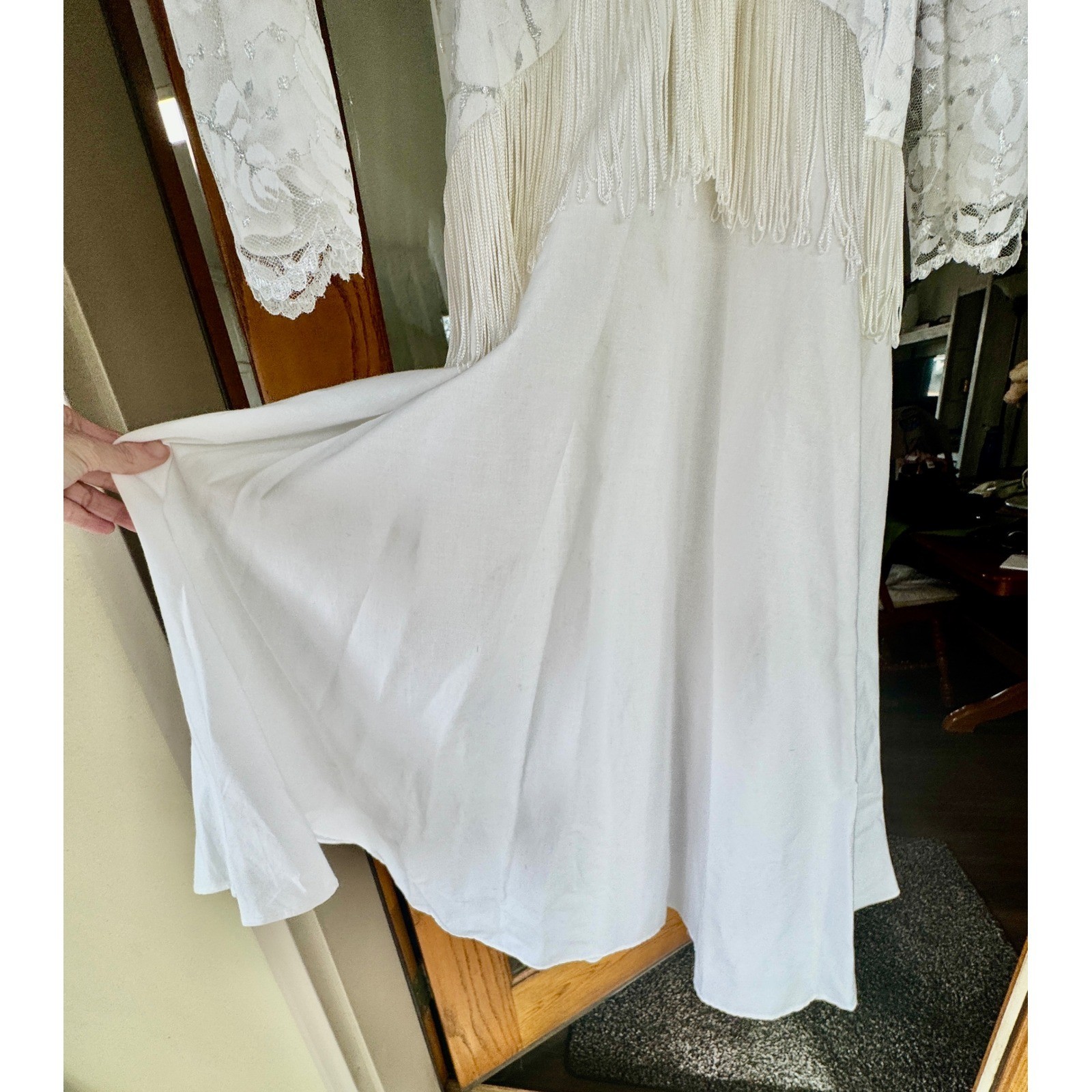 VINTAGE 80s Lilia Smitty Rodeo Fringe Dress White Ivory Western Size 5 – 6