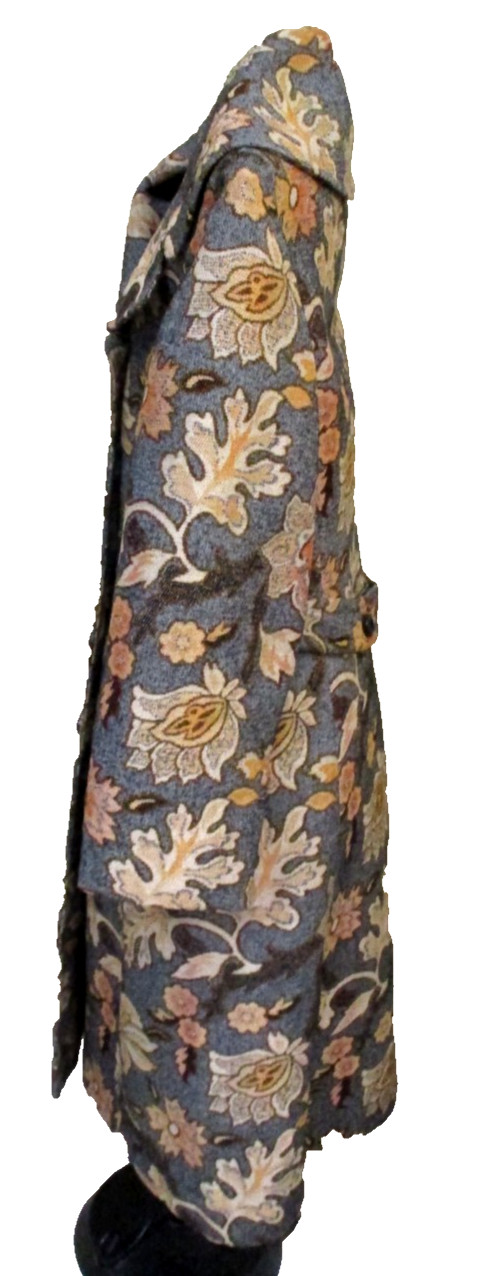 VTG Betty Rose Gray Orng Floral Coat Tapestry Double Breasted Dagger Collar Lrg