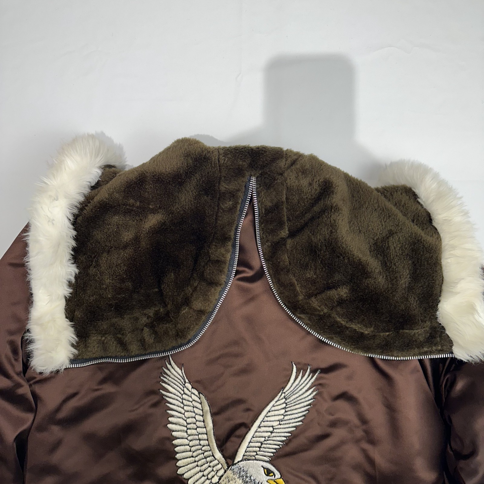 70s VTG Bomber Korea Souvenir Jacket Eagle Faux Fur Split Hood Embroidered Large