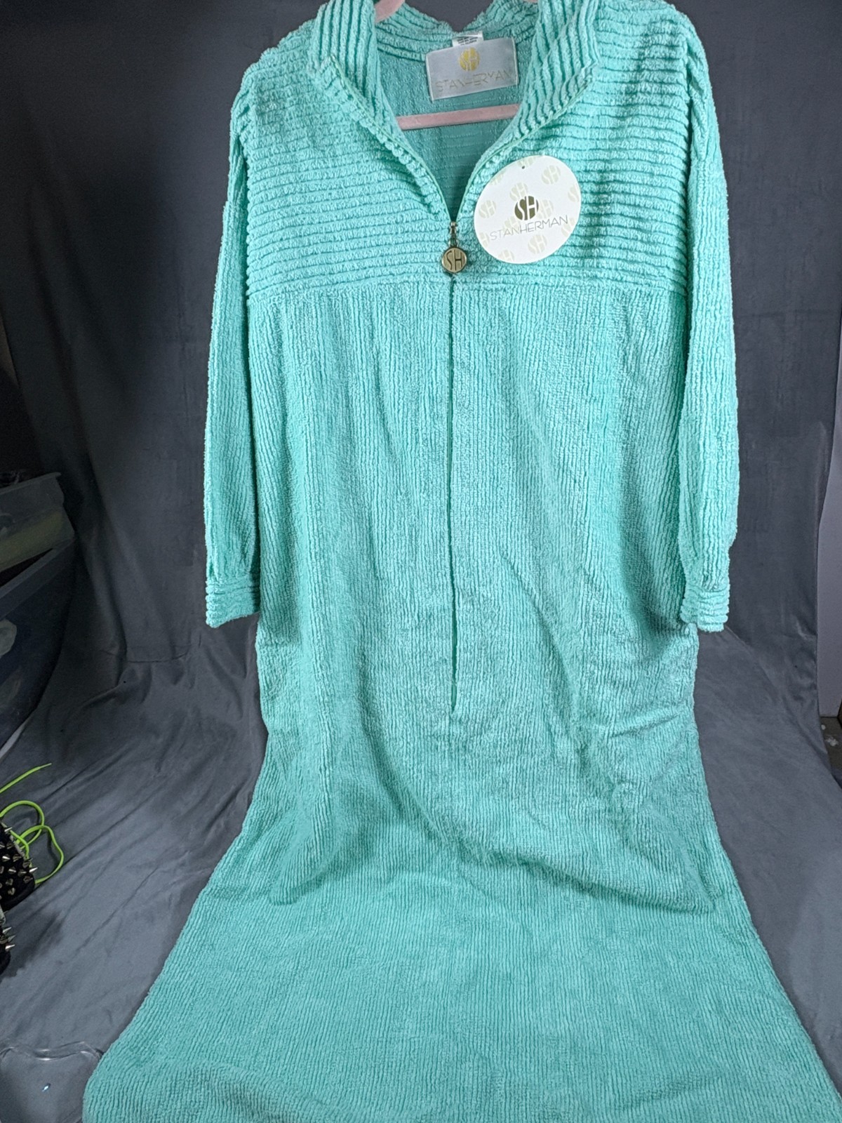 VTG Stan Herman Turquoise Chenille Robe House Coat 1/2 zip Pockets XL P NWT
