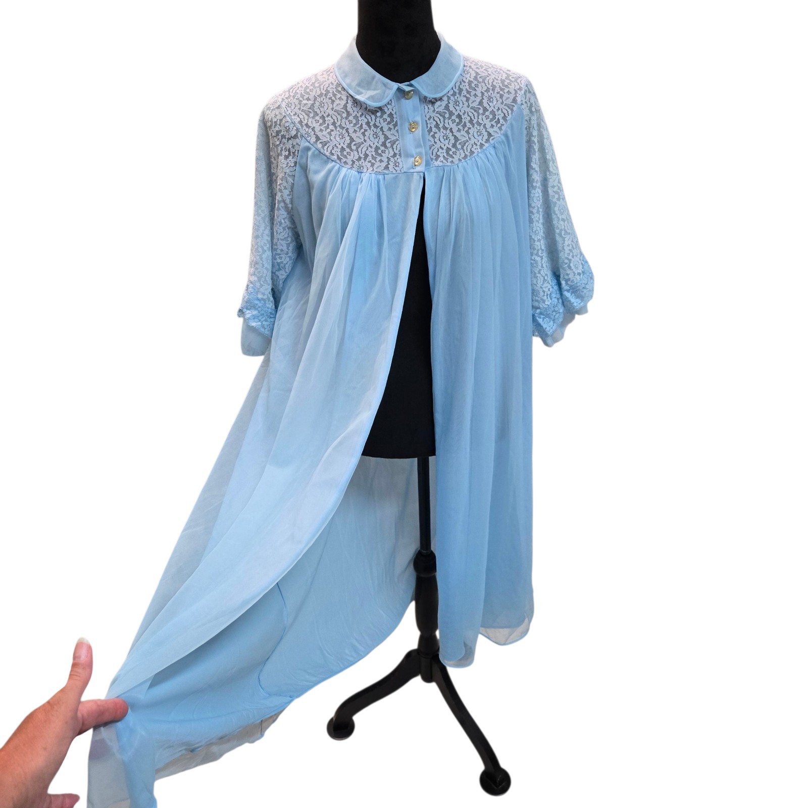 Vintage 50s Texsheen Peignoir Robe Chiffon Lace Powder Blue Size Small USA