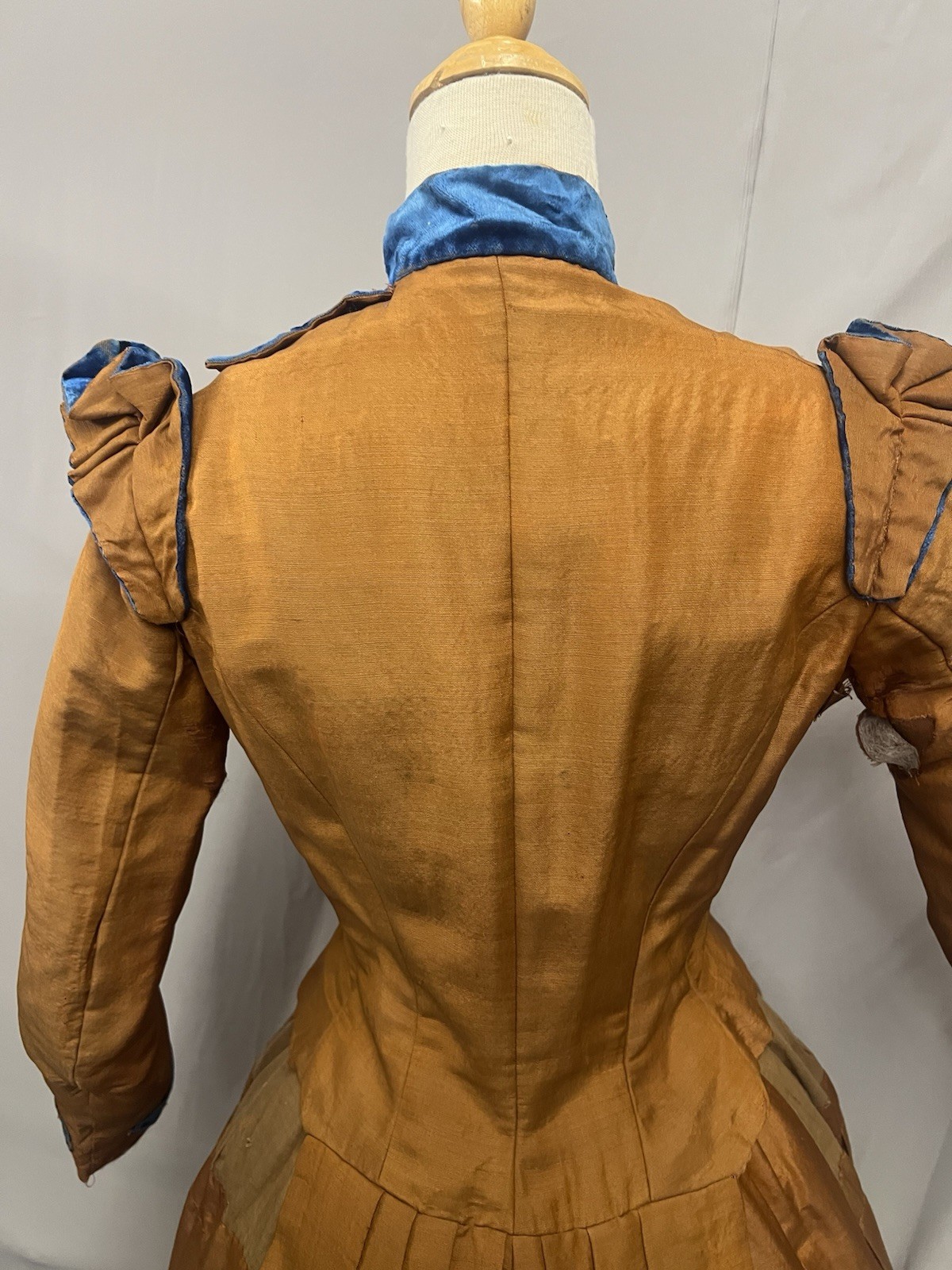 1870’s Copper Silk & Turquoise Velvet Bustle Day Dress