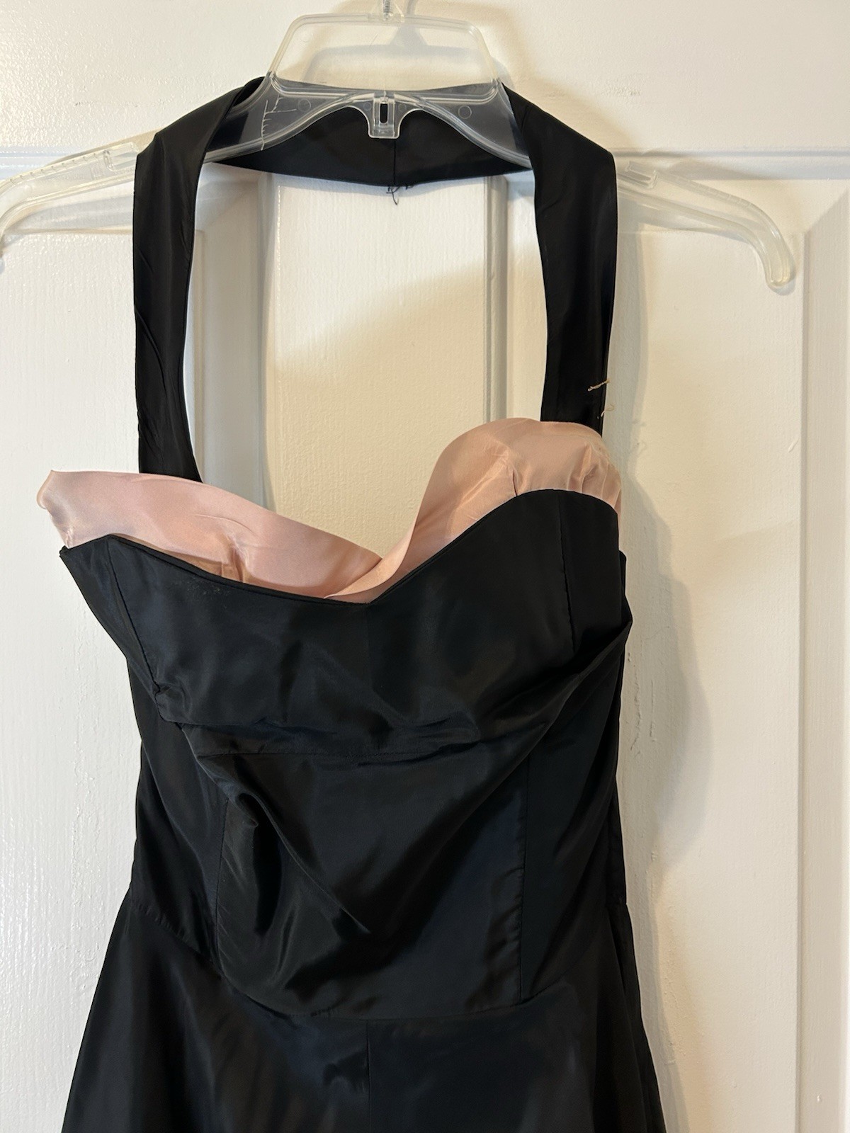 VTG 1950s SZ S Handmade black Satin acetate halter dress Pink Trim NEEDS REPAIRS