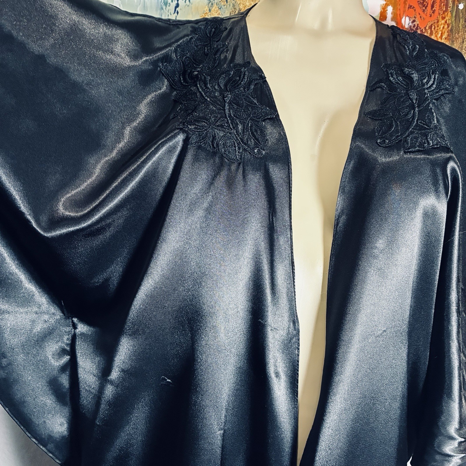 Vintage Black Satin Batwing Cape Jacket Robe M