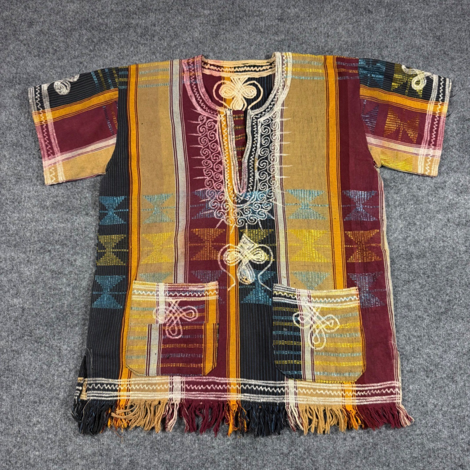 Unbranded Dashiki Tunic Shirt Unisex L Multi Cotton Embroidered Fringe GUC
