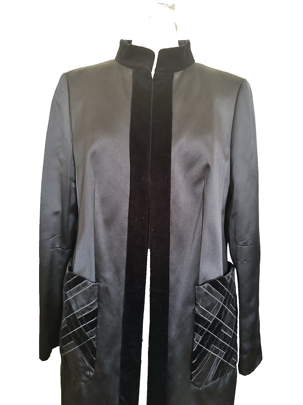 1990s Vtg Escada Black Silk with Velvet Trim Evening Dress Opera Coat – Size 40
