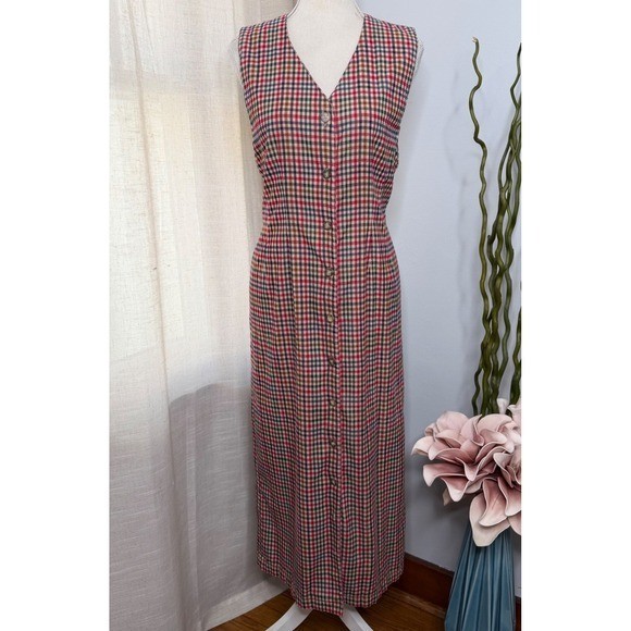 Vintage Susan Bristol Maxi Dress Plaid Corduroy Button Front Tie Back Size 10