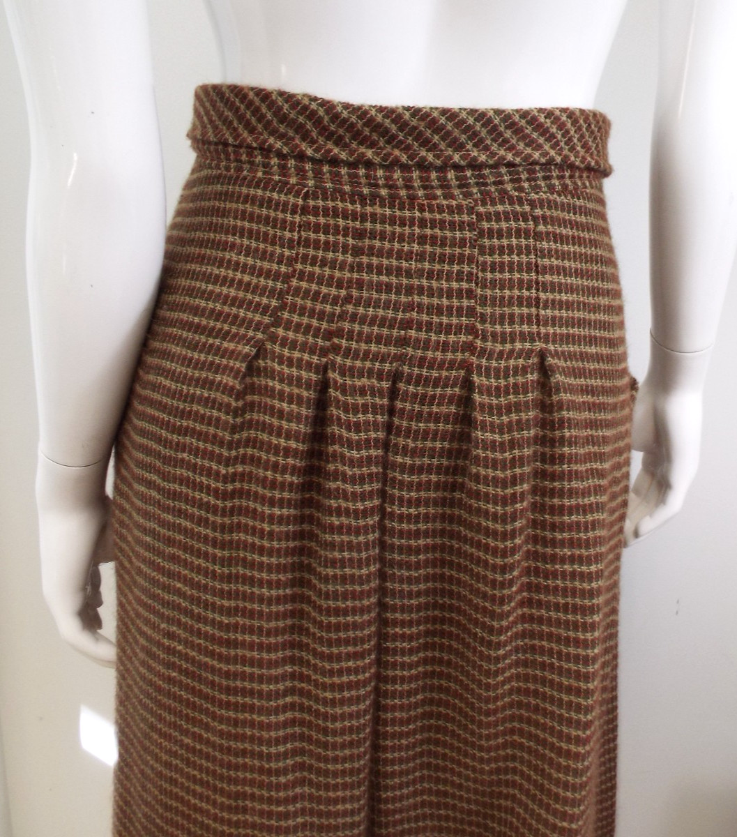 Vintage Giorgio Armani Brown Plaid Wool Blend Maxi Skirt 44 Fold Down Waist