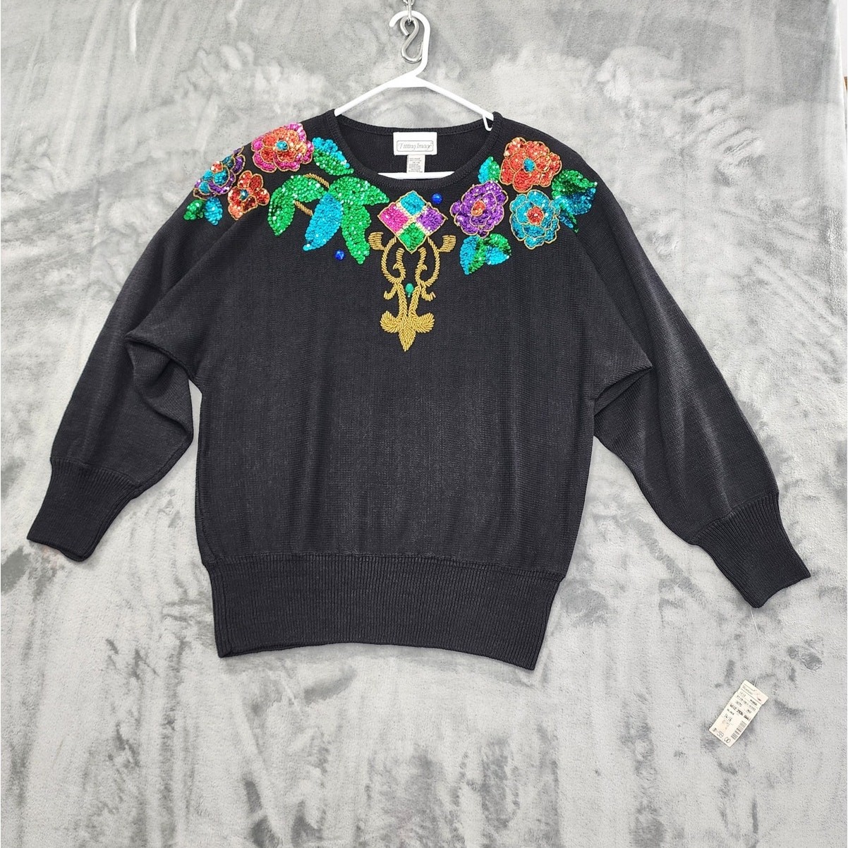 NEW Vintage Fitting Image Sweater Womens 14/16 Black Multicolor Sequin Beaded