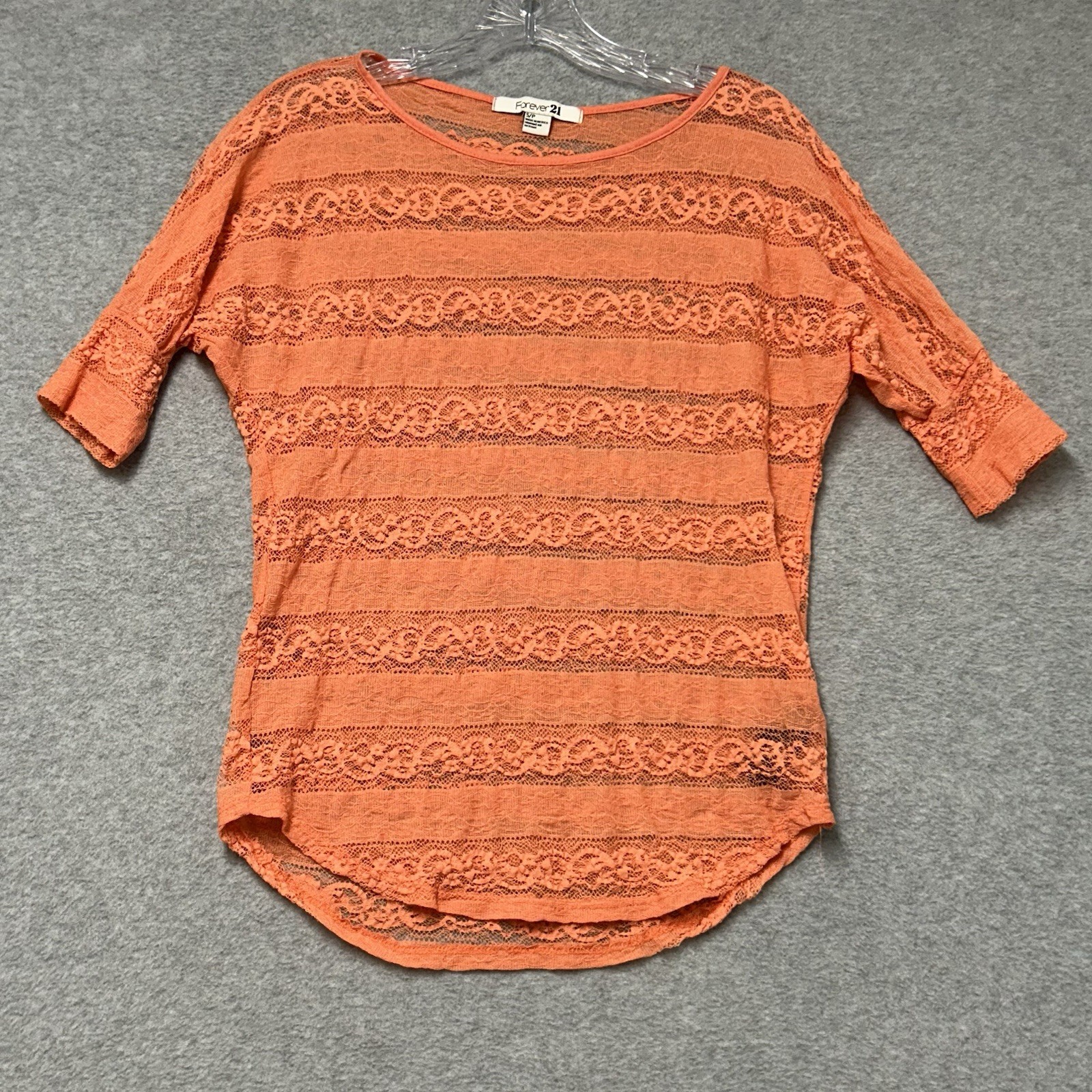 FOREVER 21 Lace Sheer Top size S/P Y2K Coral Orange Women&rsquo;s Juniors Short Sleeve
