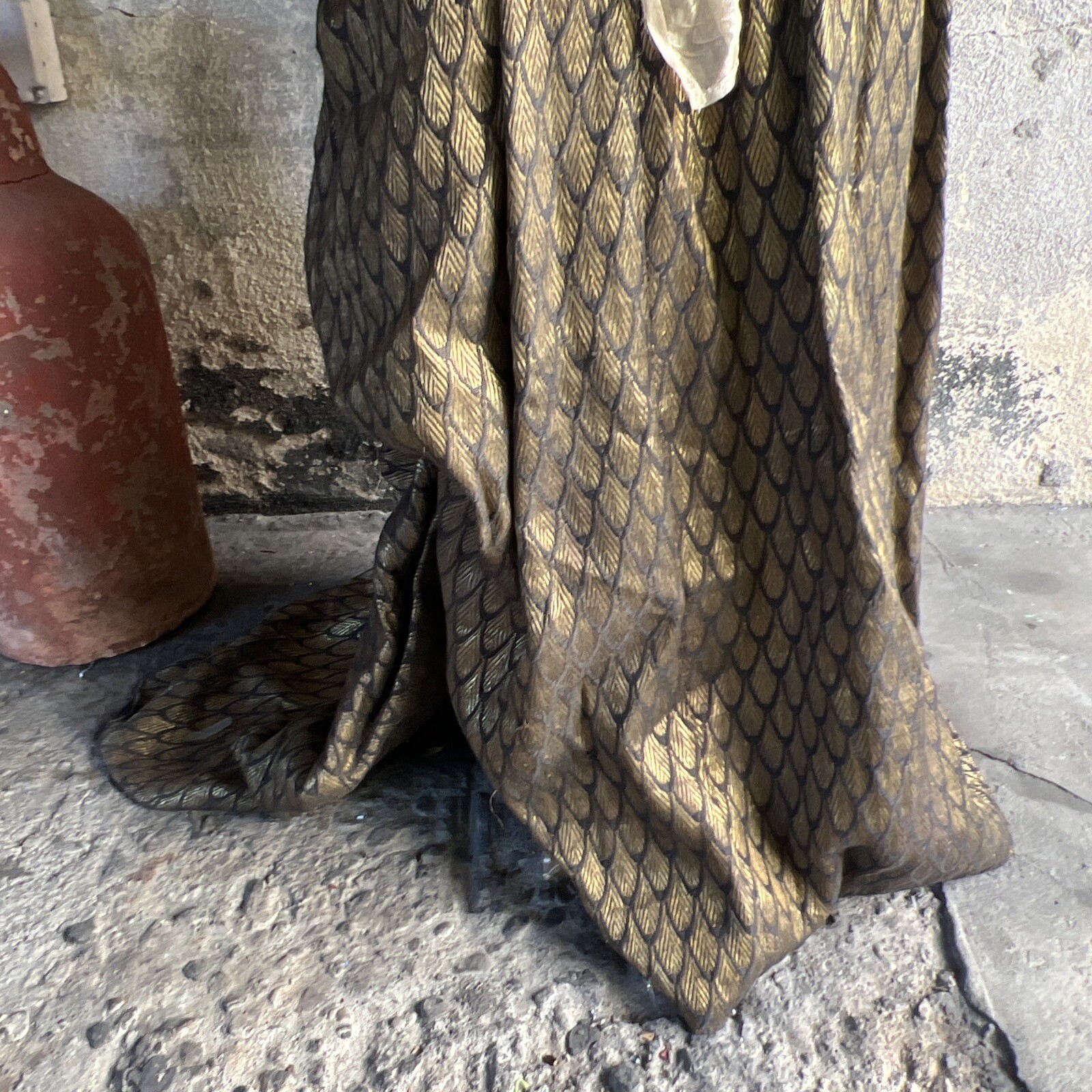 Antique Edwardian Gold Lamé Fish Scale Dress Gown Puff Sleeve Costume Vintage