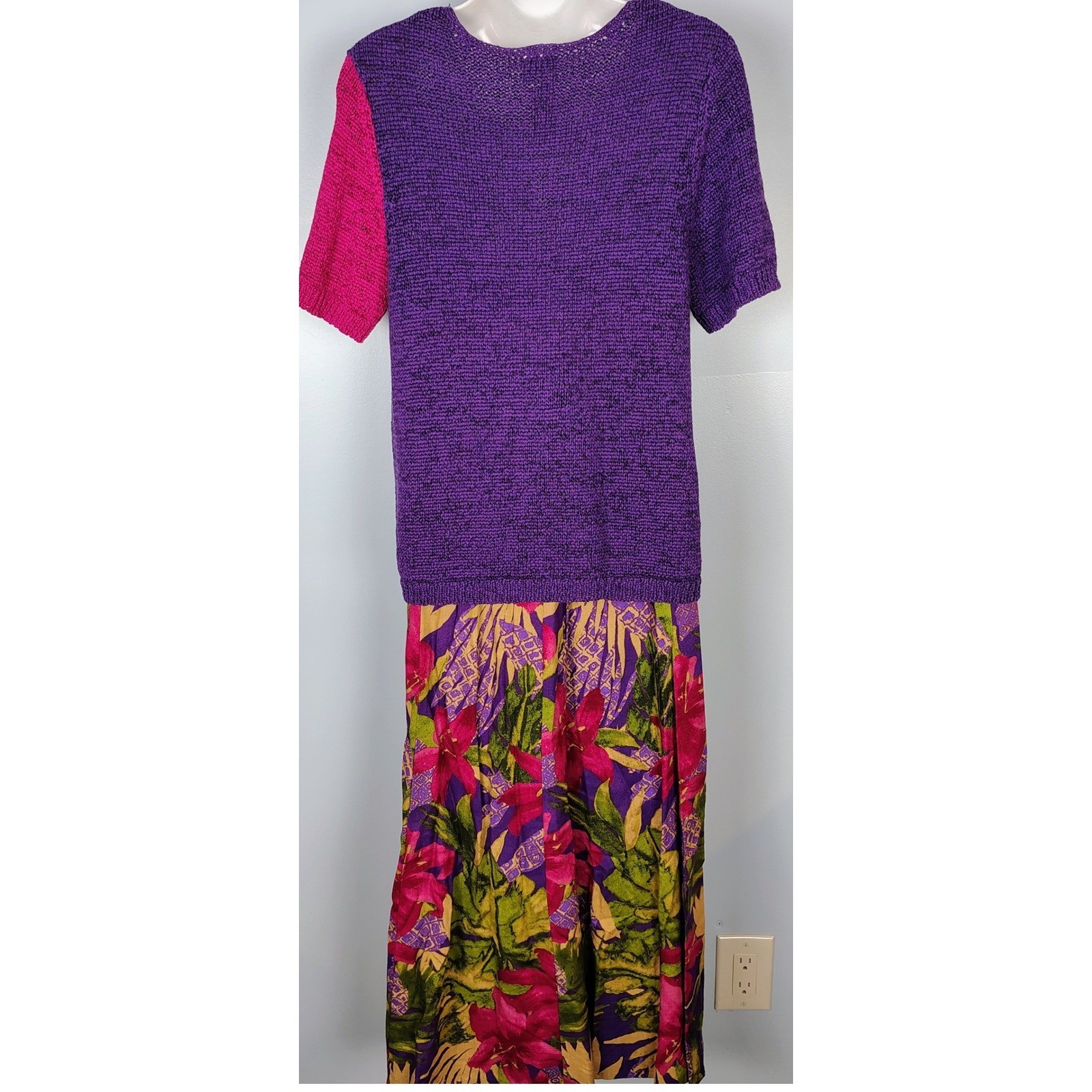 Koret Vintage 2 Piece Set Womens Medium Pink Purple Floral Knit Top Maxi Skirt