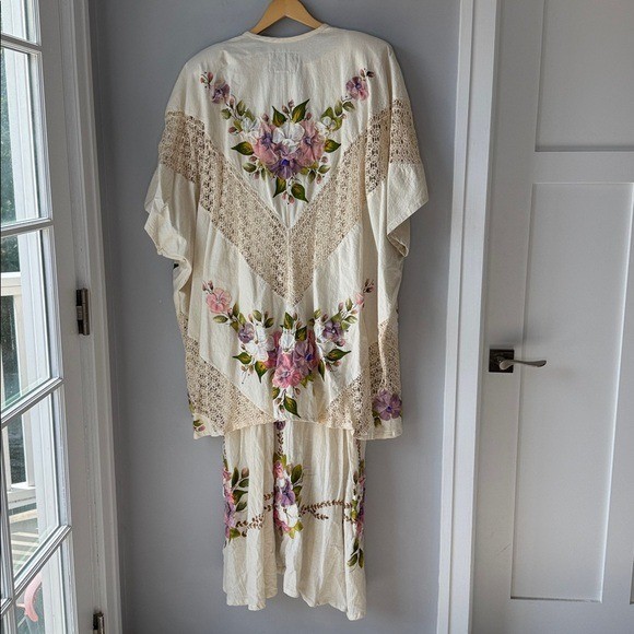 Vintage 2 Piece Ana Rosa Handpainted Floral Gauzy Maxi Dress Jacket One Size