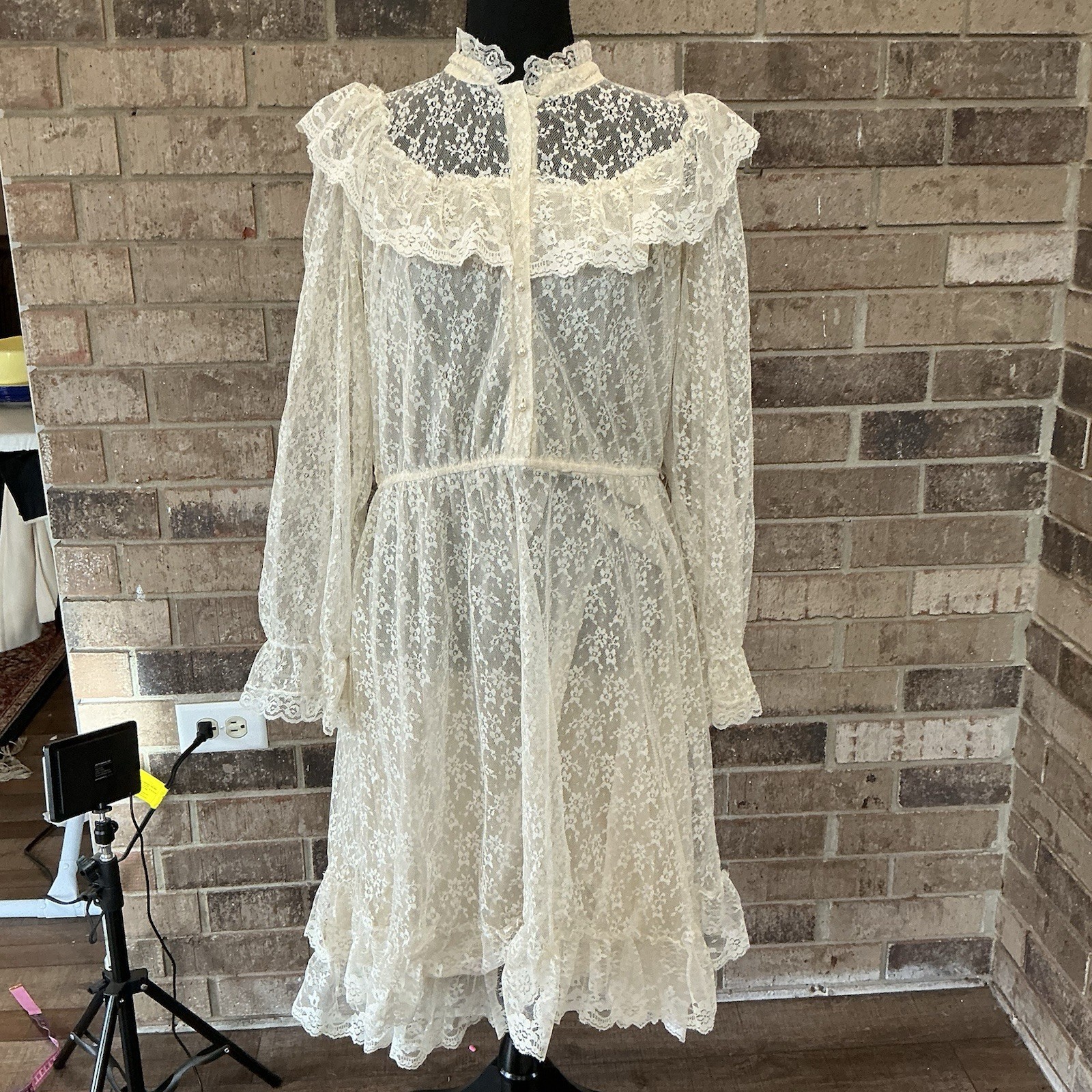 VINTAGE THINGS Lace Prairie Dress Size 11-12 Ivory Victorian Midi USA Made #19B7