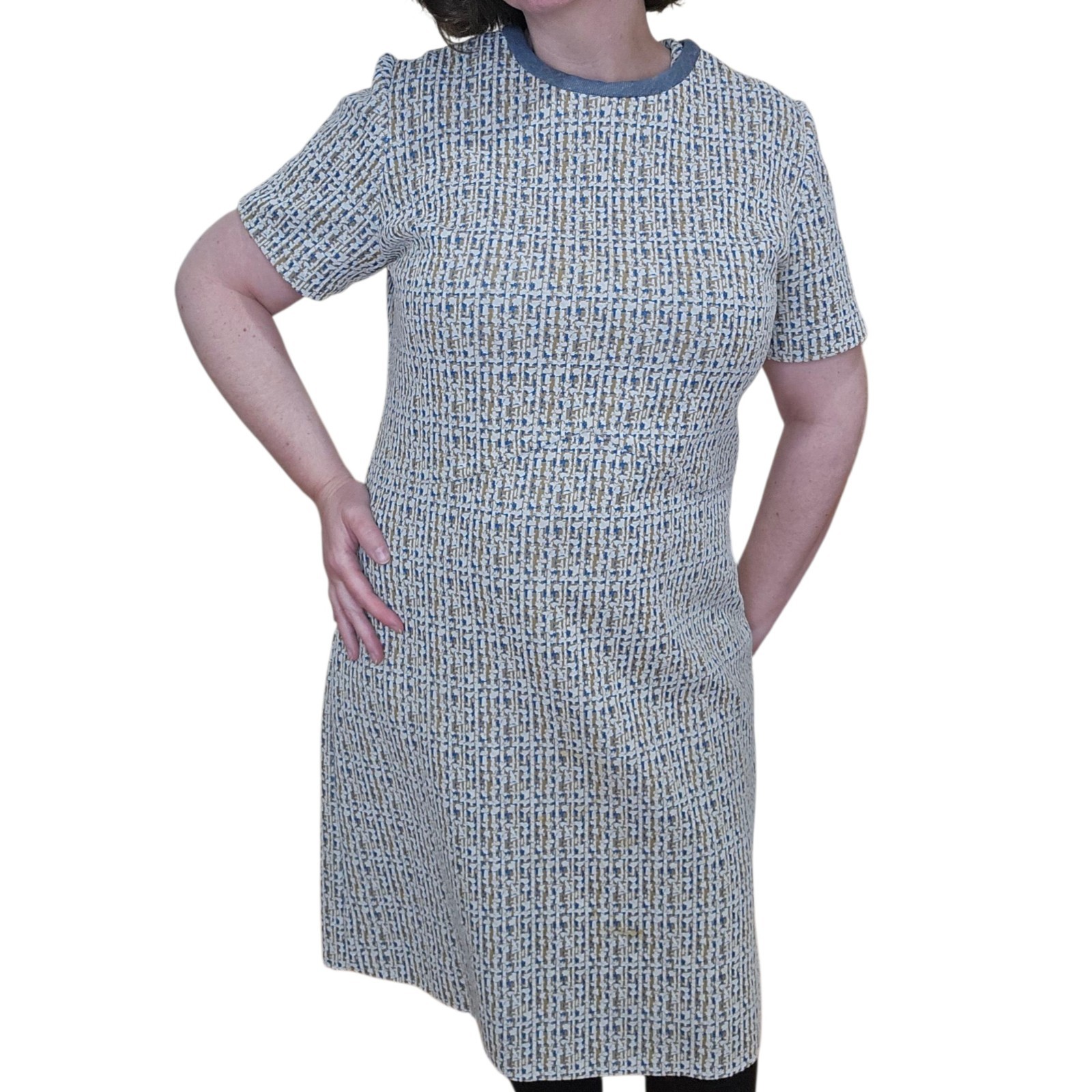 Vintage Dress Blue Gold White Knit 1960s 1970s Short Sleeve Handmade Fits L/XL