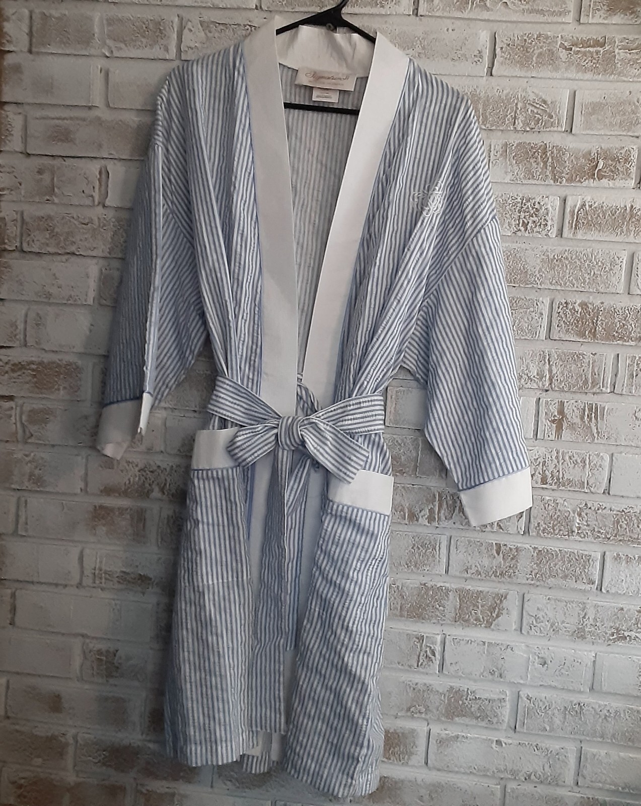 Vintage Stan Herman Seersucker Blue/ White Stripe Robe sz M