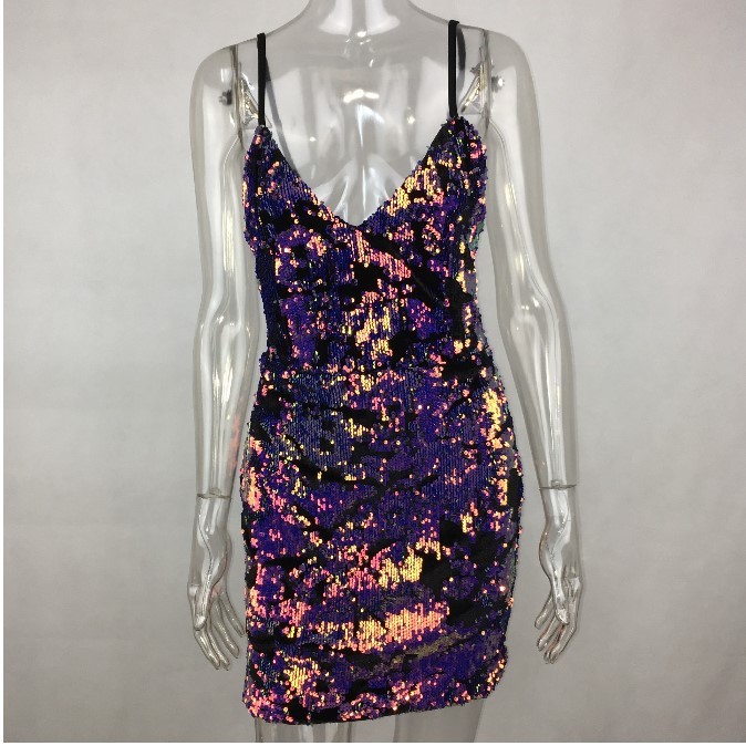 Women V-Neck Lace UP Sexy Backless Spaghetti Strap Sequin Club Party Mini Dress