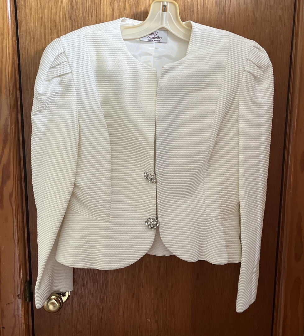 Vintage SILK &lsquo;N SANDERSON Blazer Jacket Off-White RHINESTONE BUTTONS Peplum