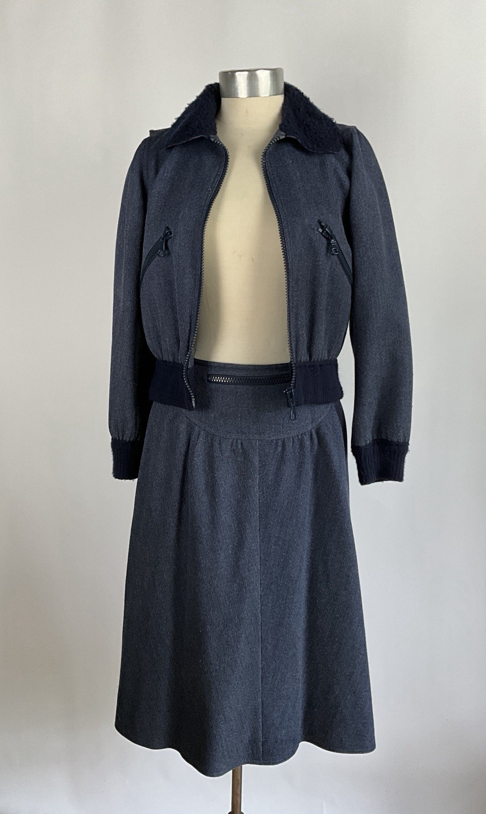 Vintage c.1970 Courreges Hyperbole Bomber Jacket and Skirt with Faux Shearling