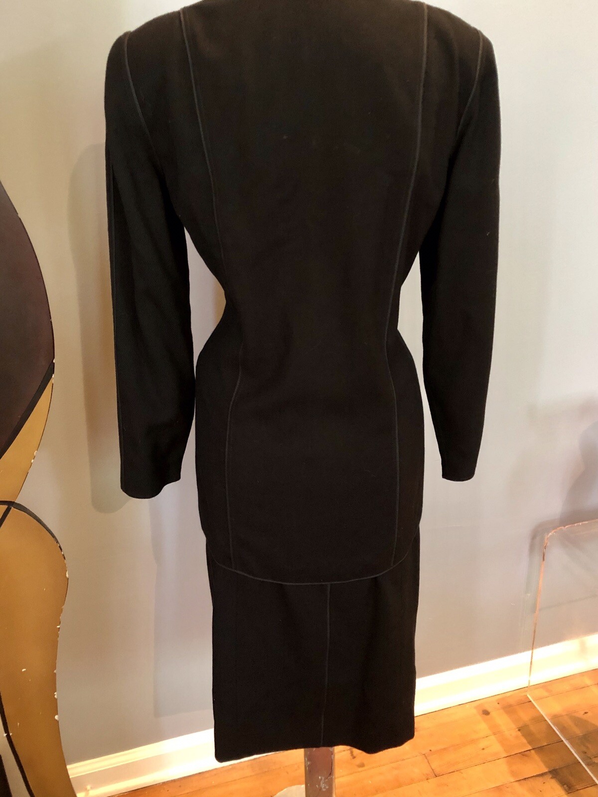 Geoffrey Beene Black Wool Jacket & Pencil Skirt Suit Military Edwardian Piping
