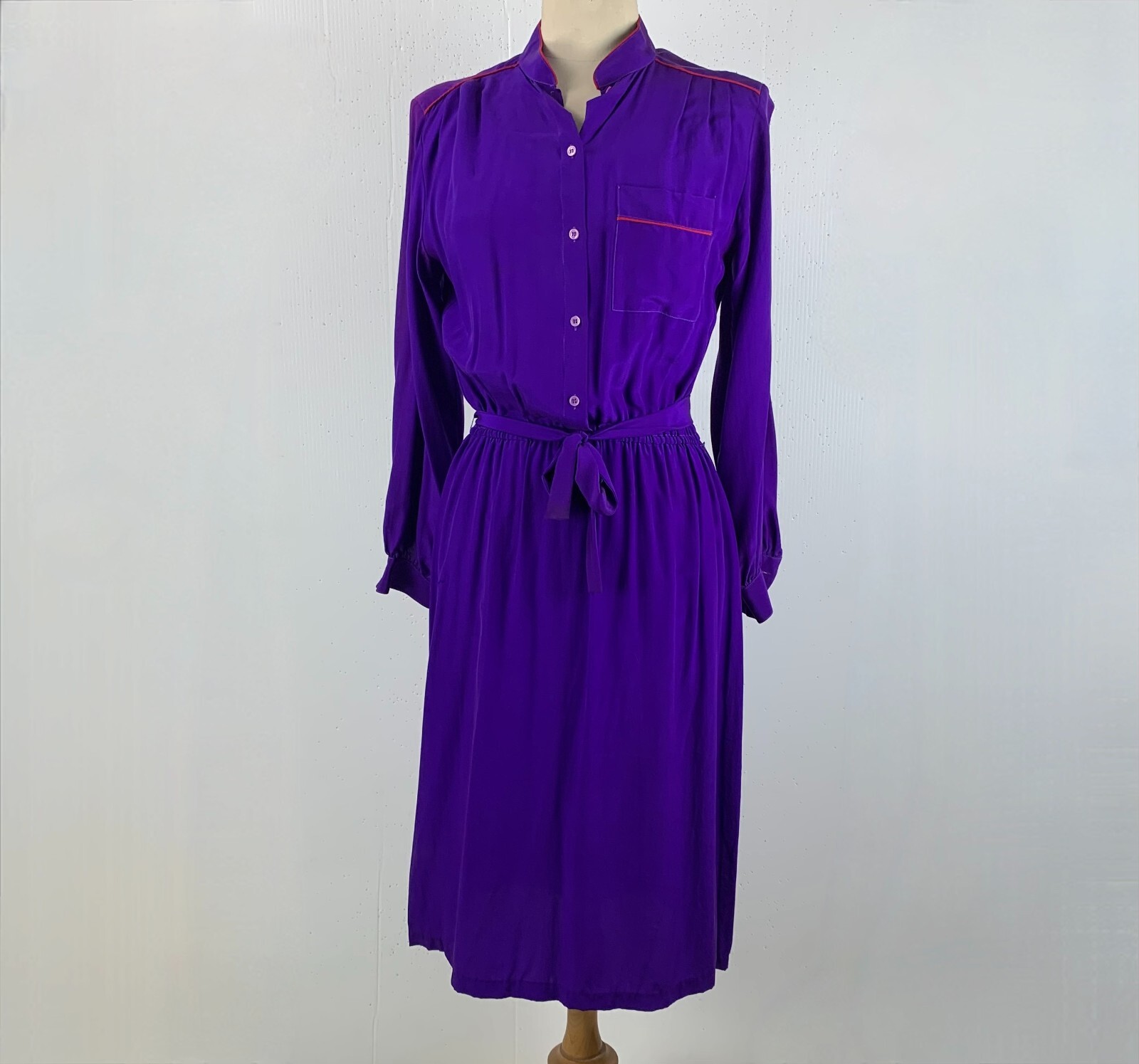 1980s Christopher Purple Silk Dress 12 M/L Red Trim Shirtwaist Padded Shoulders