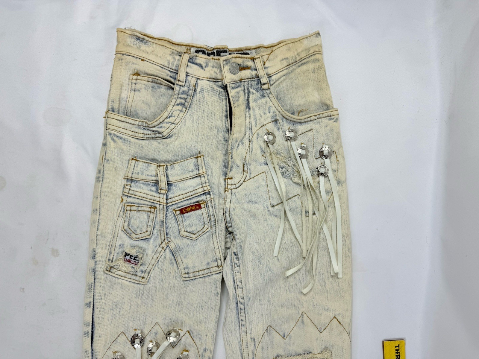 Vintage 90s Acid Stonewashed Jeans Speed Denim Sz 3/4 Frayed Patch Stretch 80s