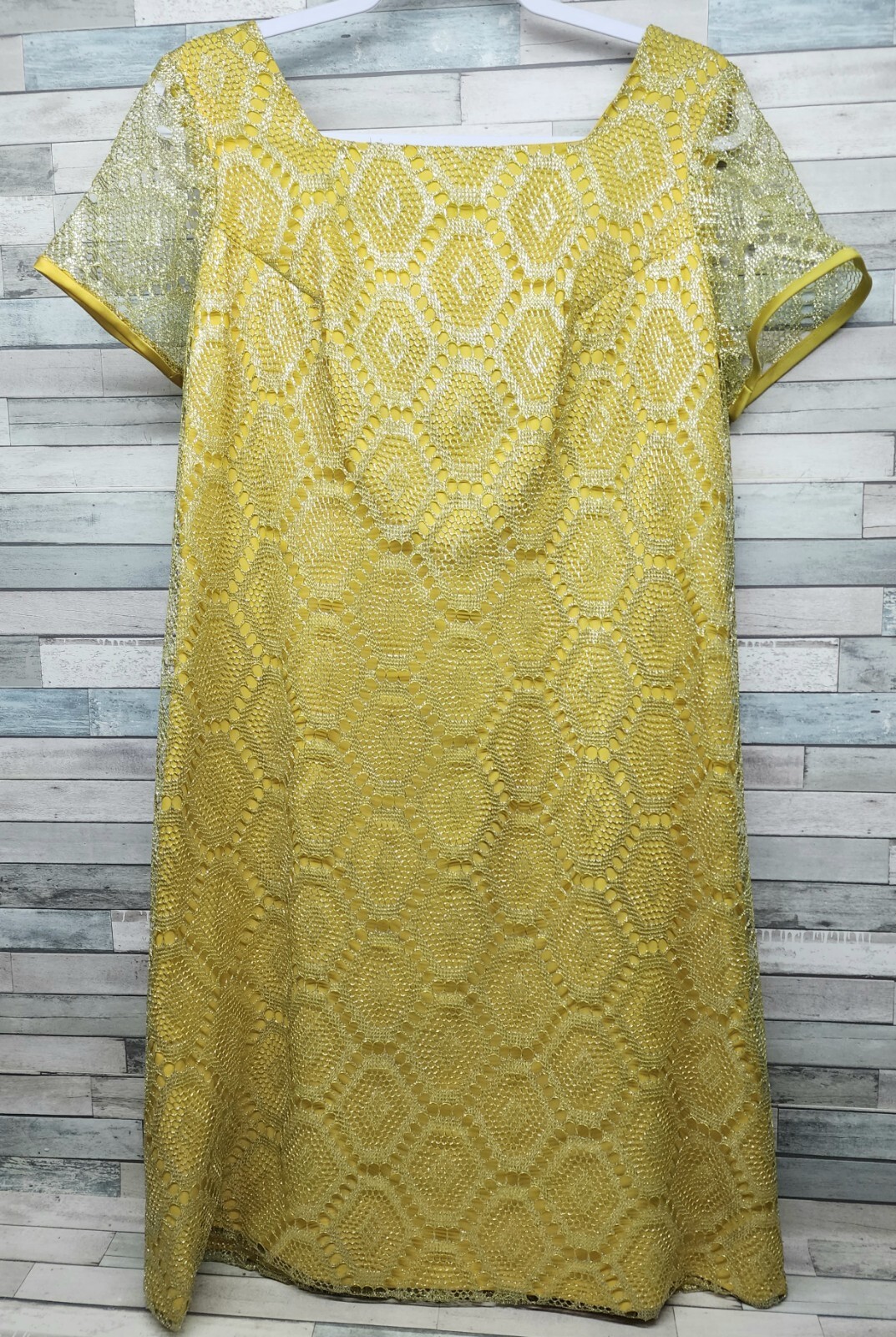 Vintage Dress Size 14 Upcycled 60s Dress Silver Lace Over Yellow Train Back Bow