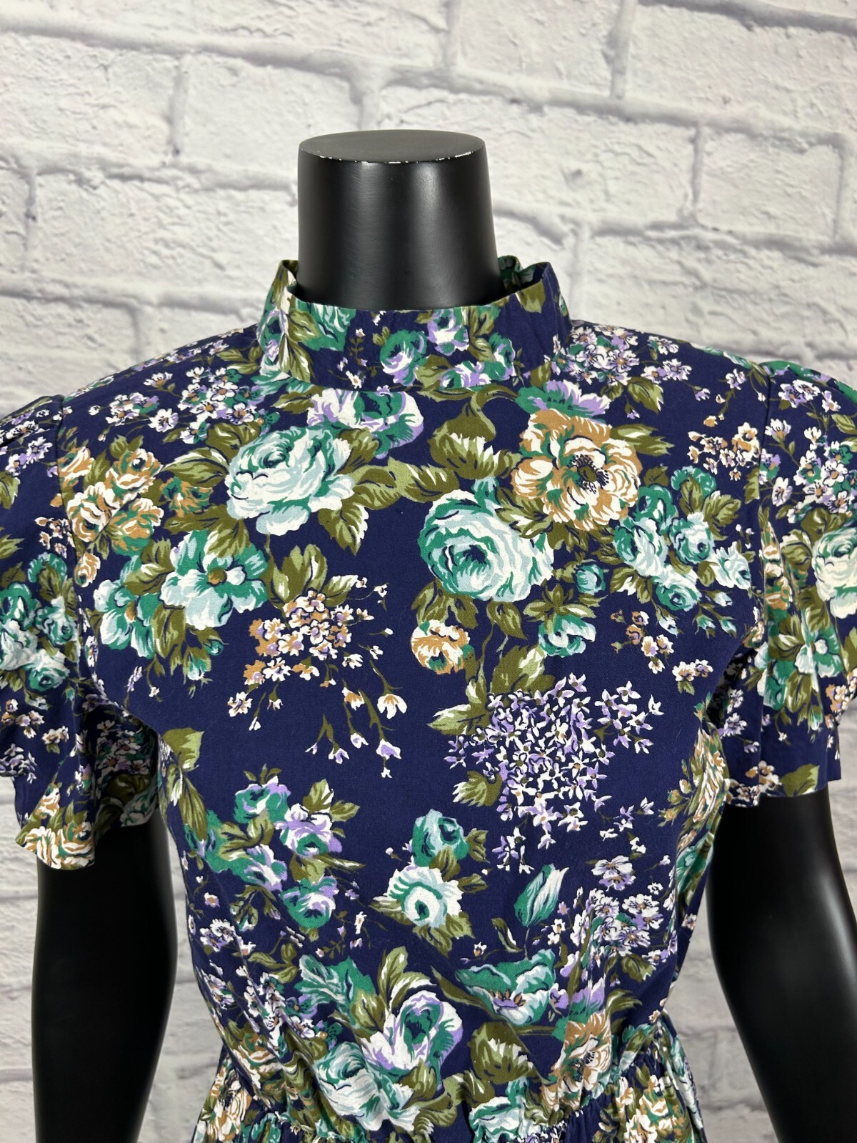 Vintage 90s High Neck Shoulder Pads Multi-color Floral Handmade Women&rsquo;s Dress