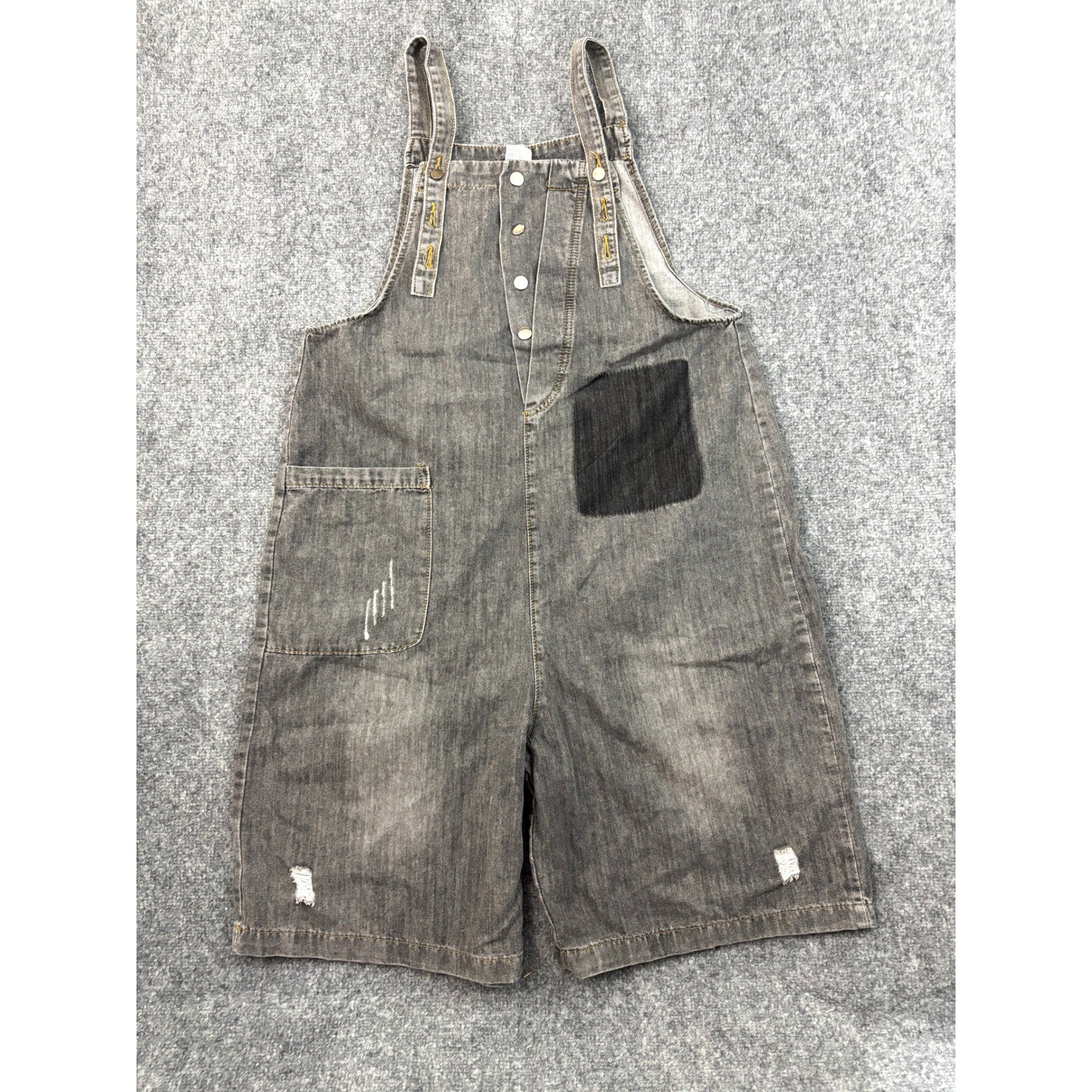 Y2K Denim Overall Shorts XXL Distressed Bib Overalls Romper Grunge Streetwear