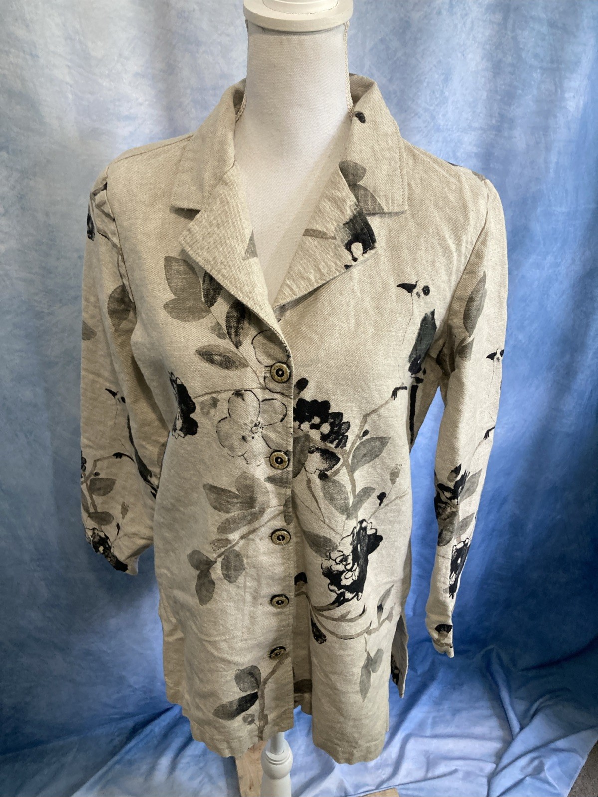 Vtg 90s Y2K Alexis Avery Linen Cotton Floral Tunic Shirt Jacket Lagenlook S USA