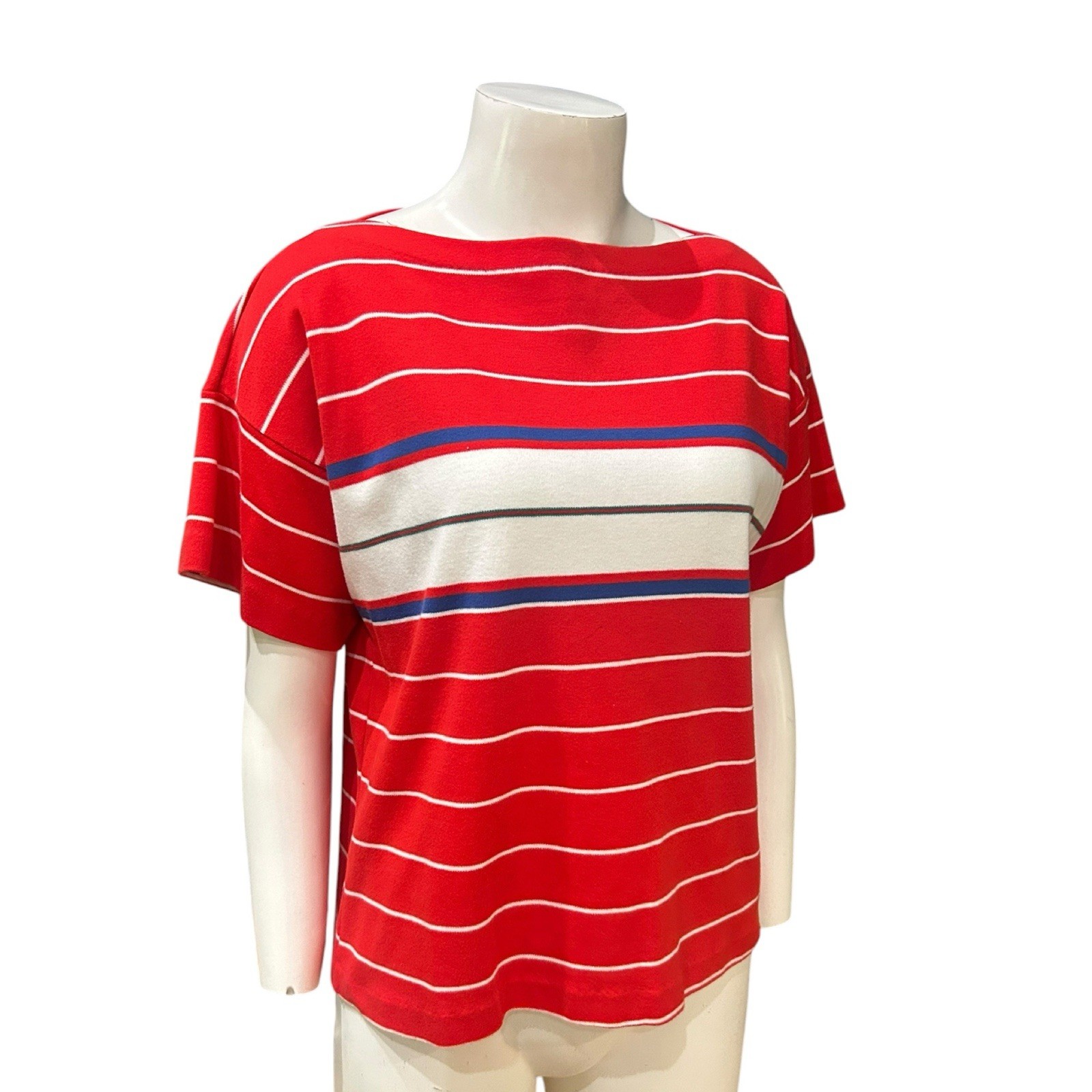 Vintage Red Striped Top Boatneck Shirt Large USA Made Boxy Nautical Tee