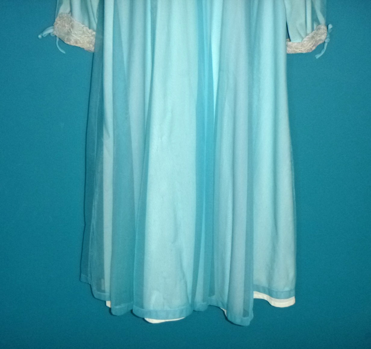Vtg 50s Odette Barsa 2 Layer Chiffon Over Nylon Robe Turquoise Off White Sz M