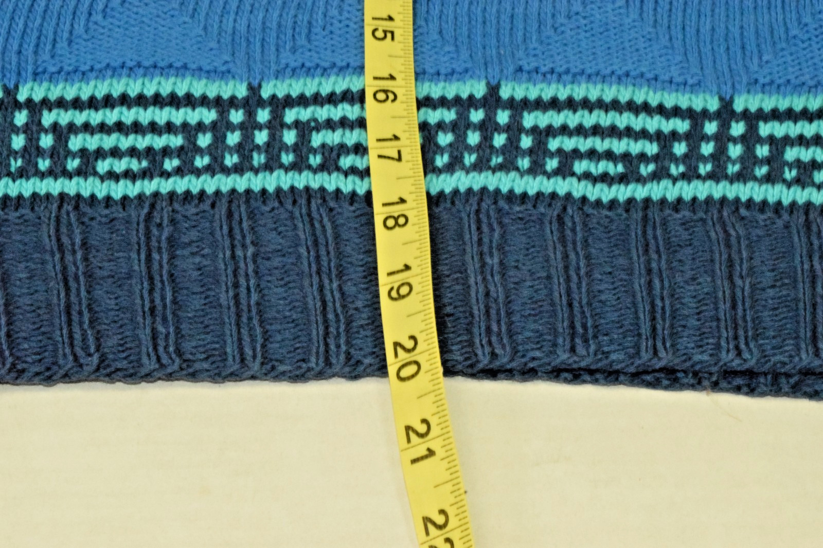 Vintage Sweater Size S 80s Blue Triangle Weave Boat Neck Wide Shoulders