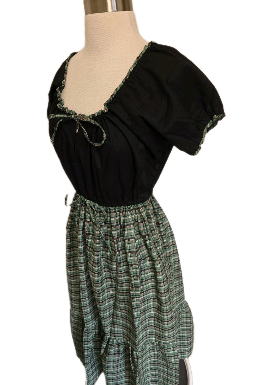 1960s 70s Vintage Womens Dress High Waist Green Plaid Schoolgirl Cinch Tie Bust