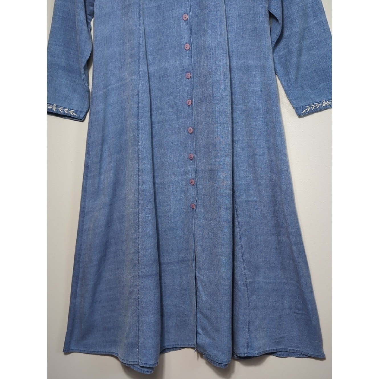 Vtg 90s April Cornell Chambray Blue Button Front Midi Dress Cottage Modest Boho