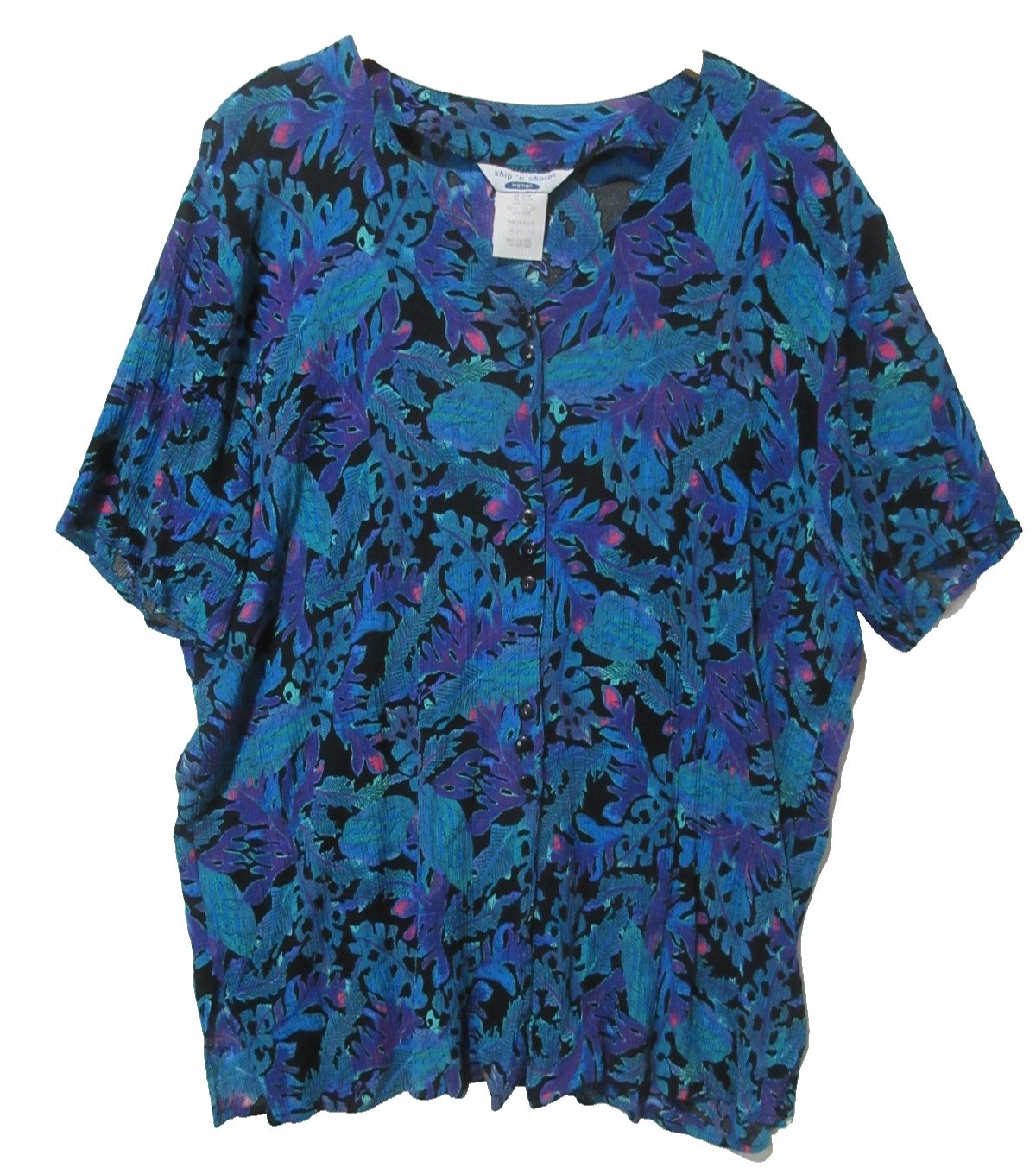 Sz 24 Vtg Ship ’n Shore Blouse CRINKLE Cottagecore Grandma 80s Blue Floral USA