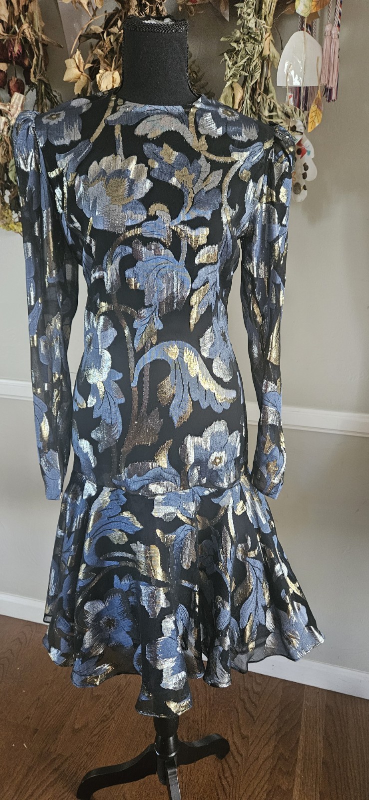 Vintage 1980s Drop Waist Sheer Black With Lamè Floral Design Flaired Skirt Prom