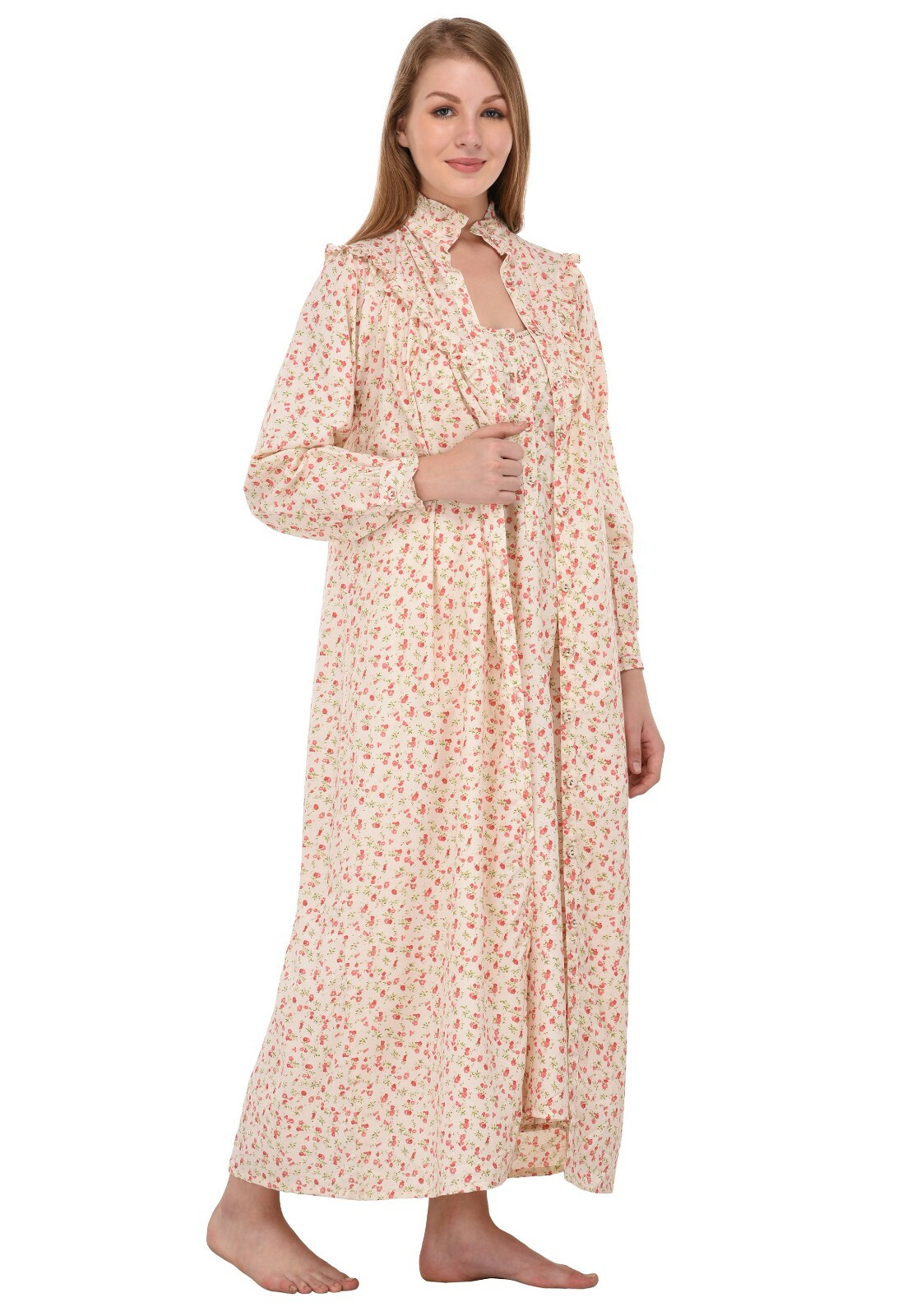 Wrinkle-Resistant Printed Nightdress/Housecoat Set | Cotton Lane