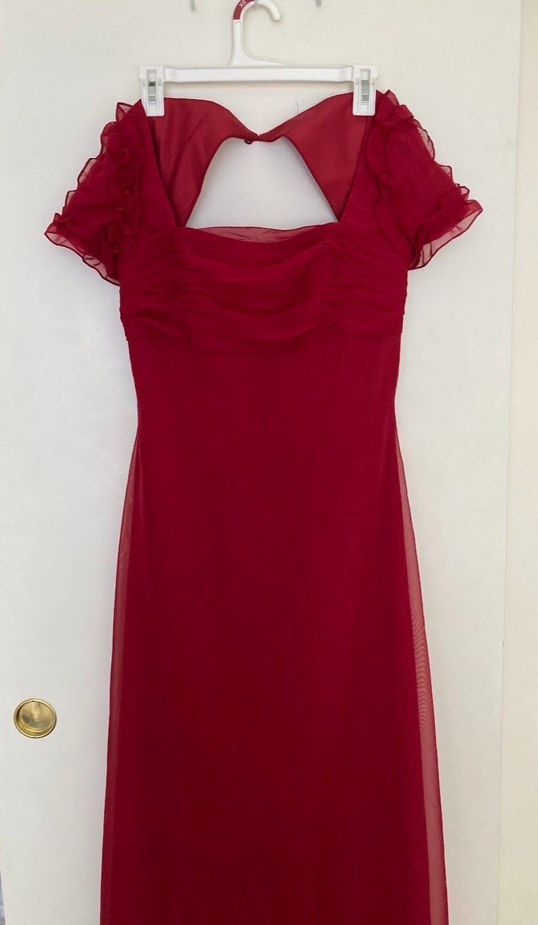 Vintage Y2K Women&rsquo;s Burgundy Red Formal Open Back Ruffle Sleeve Dress
