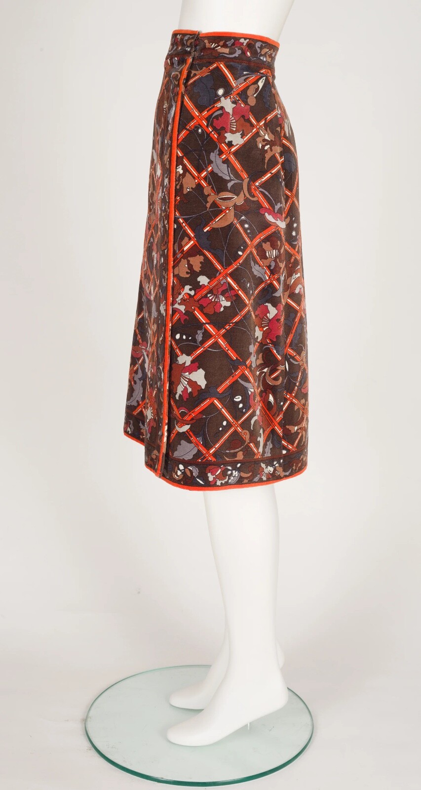 Emilio Pucci 1970s Vintage Floral Print Brown Cotton Velvet Wrap Skirt Sz S 28w
