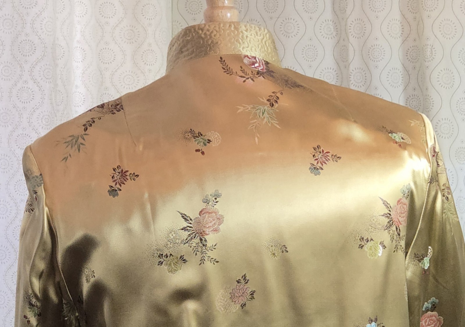 Chinese Brocade Embroidered Satin Frog Knots Long Duster Coat Tangzhuang 38 M