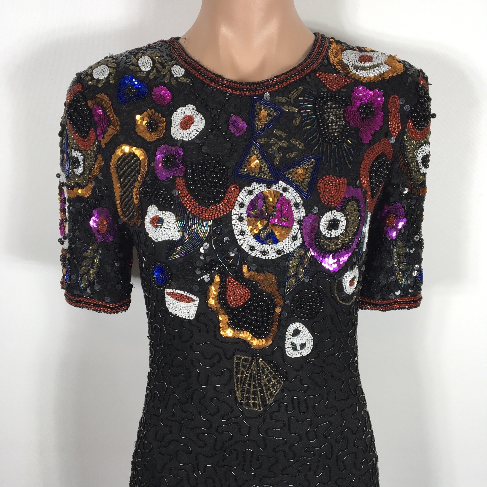 Vtg 80s Black Floral Silk Sequin Beaded Cocktail Party Gown Glam Dress P S EUC