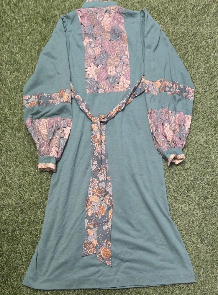 VTG 70s Mindy Malone Patchwork Prairie Maxi Dress Boho Cottagecore Bishop Sleeve