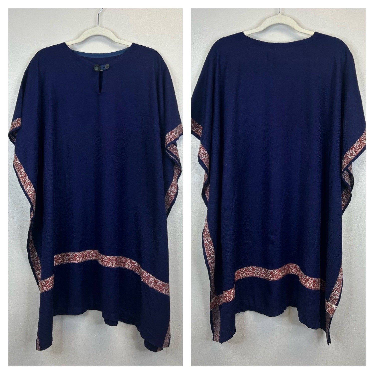 Vintage navy blue kaftan with red and white embroidered trim Size S/M Soft Knit