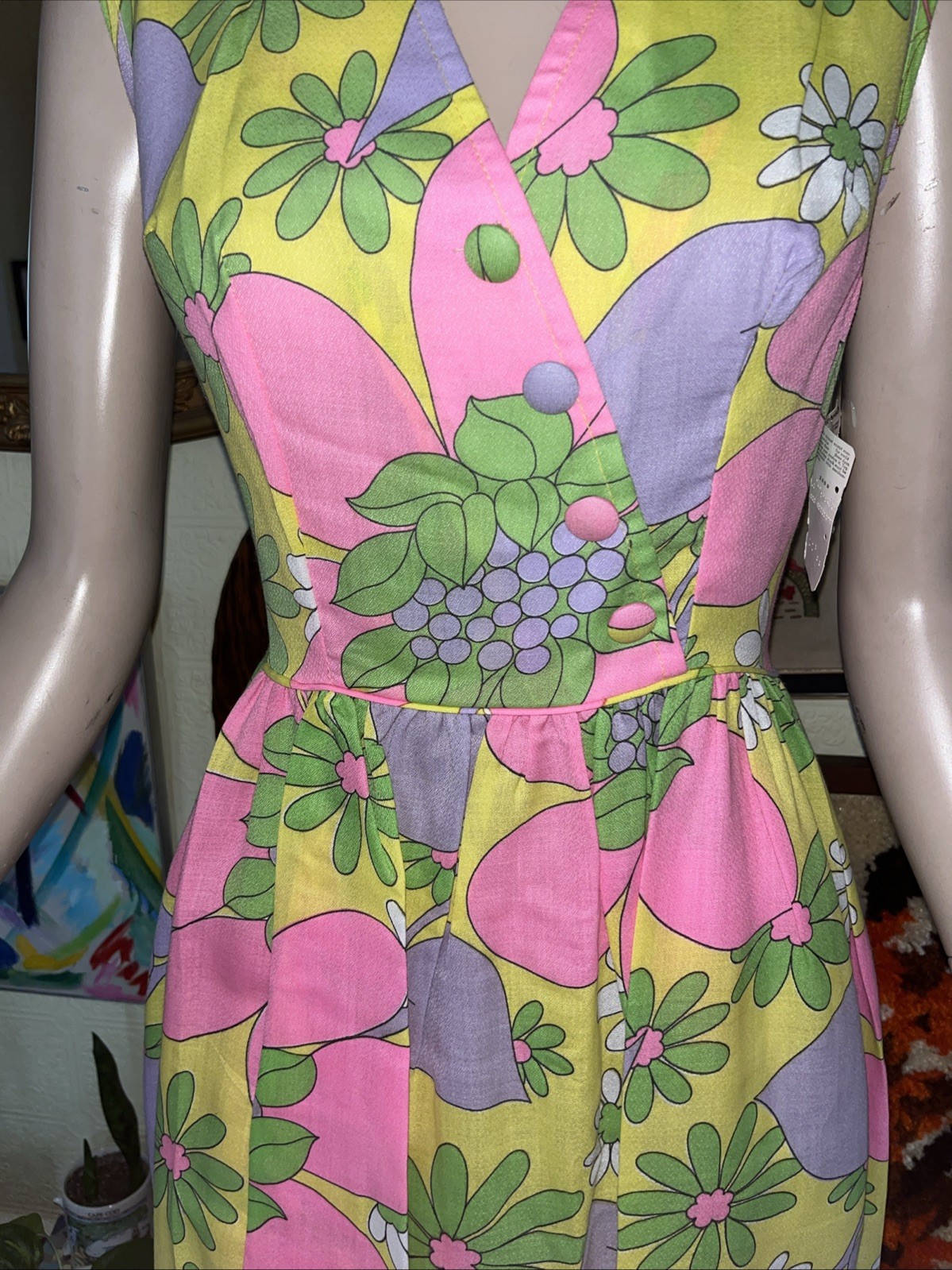 Vintage 60s 70s NOS psychedelic Mod Neon Floral Maxi Dress 2 Piece Head wrap