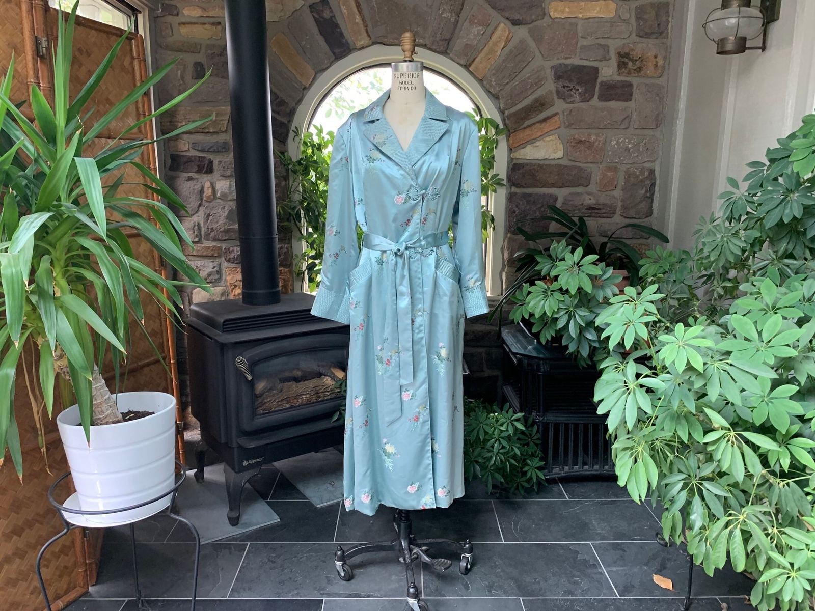Vintage Light Blue Embossed Floral Rayon Satin Asian Wrap Peony Brand Robe