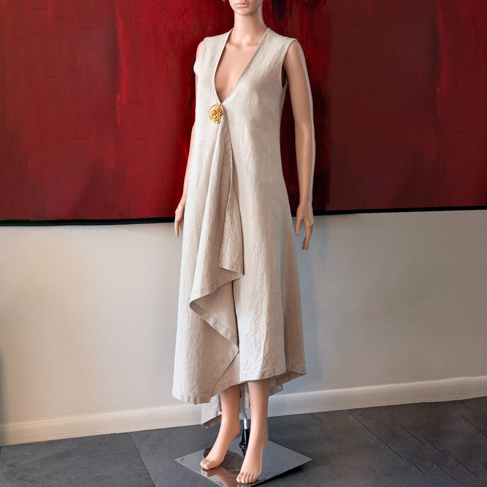 GIANFRANCO FERRE beige asymmetrical flared sleeveless linen dress size 44