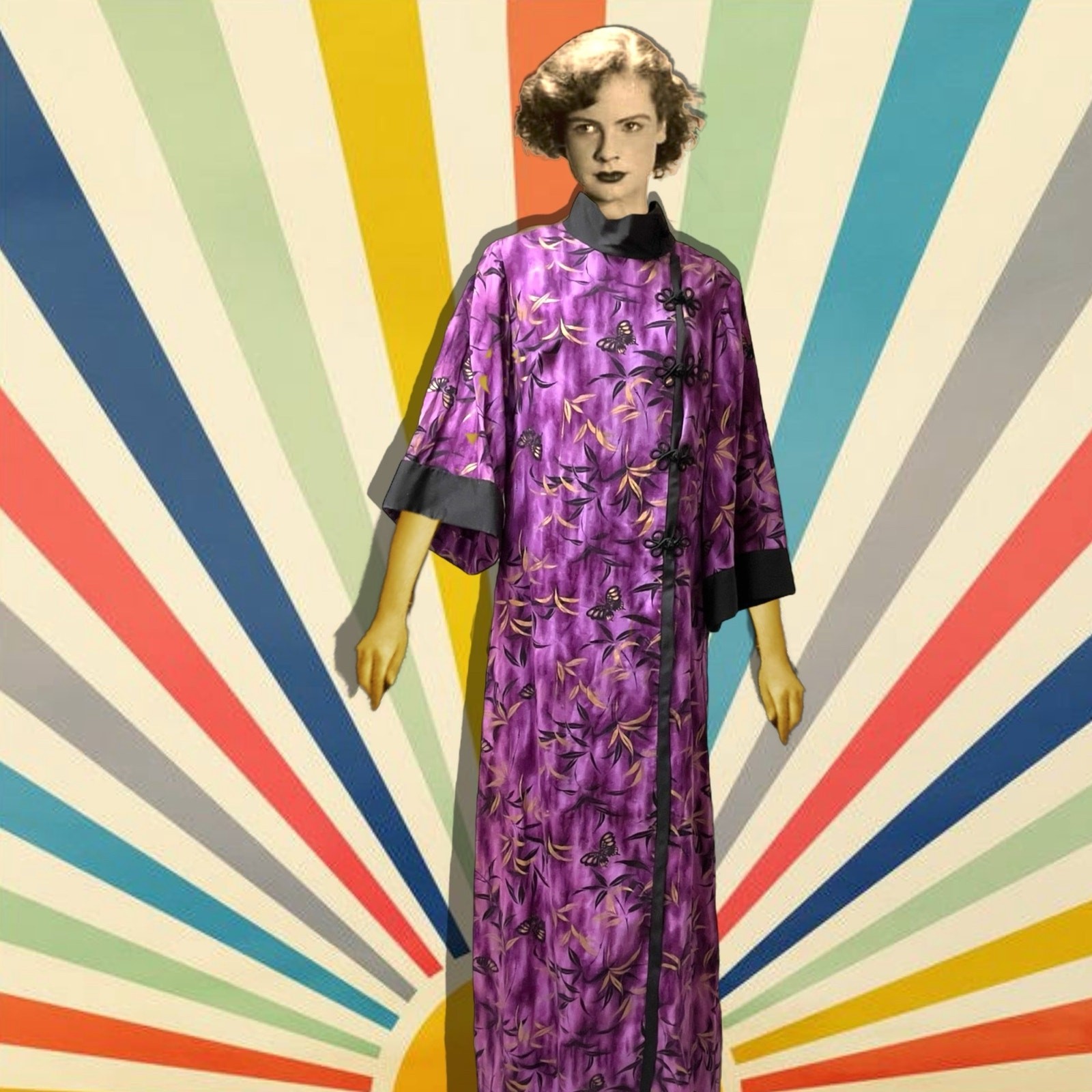 VNTG 1970s Butterfly Purple Chinese Maxi House Dress Frog Closure Kaftan Robe